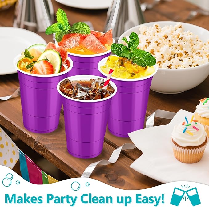 LANLISA 50 Purple Plastic Cups, 16 oz Disposable Cups, Drinking Cups For Birthday Party, Graduation, Mothers Day, Halloween