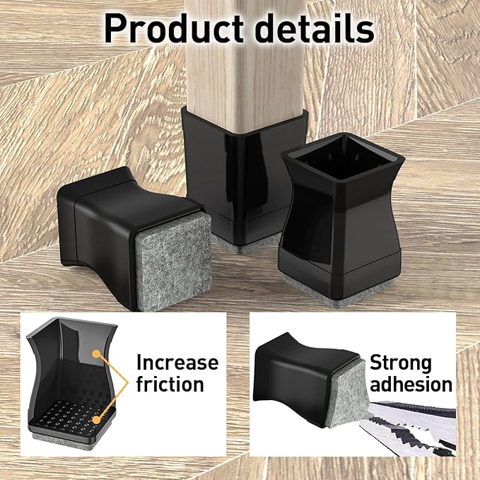 Square Chair Leg Protectors for Hardwood, 16Pcs Silicone Chair Legs Caps to Prevent Floor from Scratches and Reduce Noise, Easy to Move (1.25 Inch Black).