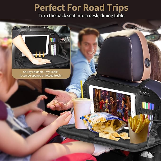 LUCMO Car Backseat Organizer with Tablet Holder, 6 Storage Pockets Car Storage Organizer with Foldable Food Tray, Protectors Kick Mats Travel Accessories - Black