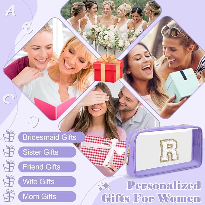 Personalized Initial Letter Clear Makeup Bag, Preppy Small Nylon&PVC Cosmetic Zipper Bag with Chenille Letter, Travel Skincare Toiletry Bag, Monogram Christmas Gift for Teen Girls Women, R