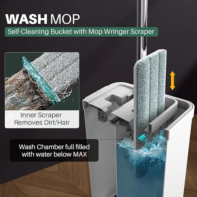 JOYMOOP Mop and Bucket Set, Flat Mops for Floor & Wall Cleaning, Commercial & Household Use, Hardwood Floor Mop with Long Handle & 4 Microfiber Pads