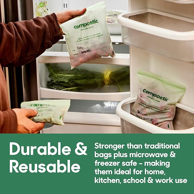 Compostic Home Compostable Resealable Snack Size Bags, Microwave & Freezer Safe, Organic Food Storage Container, 60 Count