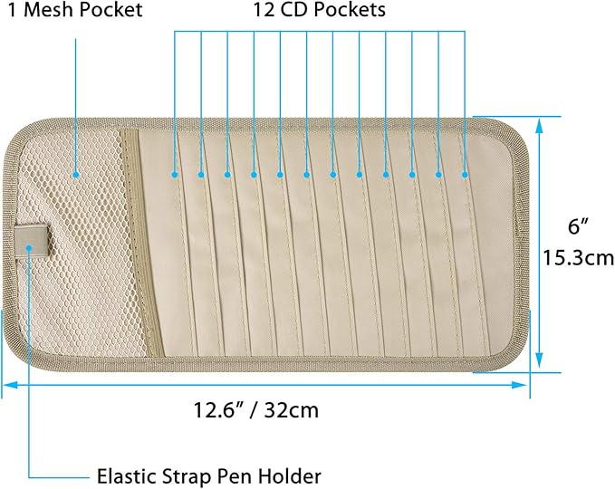 Car CD Case Holder, Wisdompro Vehicle Sun Visor Organizer for Cars with 12 DVD Storage Sleeves, 1 Mesh Pocket, 1 Pen Holder and Elastic Strap, Khaki