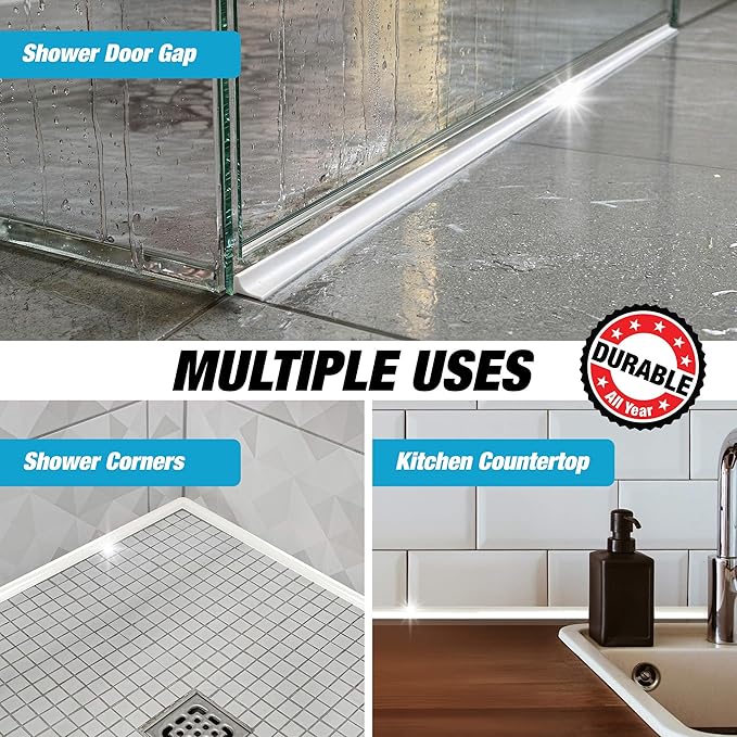 Shower Threshold Water Dam Barrier 98" - White Collapsible Walk in Shower Water Guard - Door Bottom Seal Strip Leak Guard by Hippo Dam