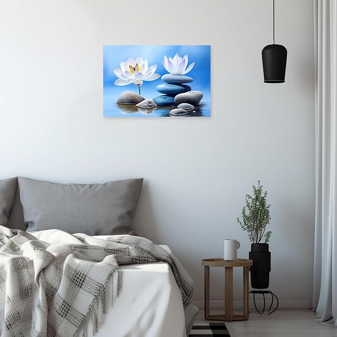 ARTZGX Zen Canvas Wall Art for Bathroom Lotus Pictures Blue Spa Stone Painting Butterfly Flower Artwork for Yoga Decor Frame(Zen - B 24.00" x 36.00")