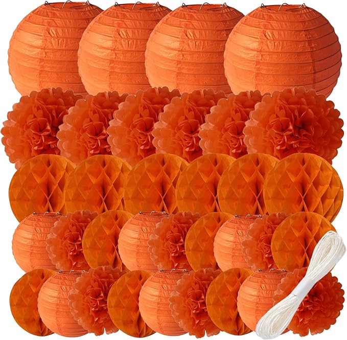 WOLHOWLTD Orange Paper Decoration Set - 34 Pcs Paper Lanterns, Pompoms, Honeycomb for Wedding,Harvest, Halloween,School Day,Bridal Baby Shower,Rainbow Birthday Party Classroom,Home Decoration (orange)
