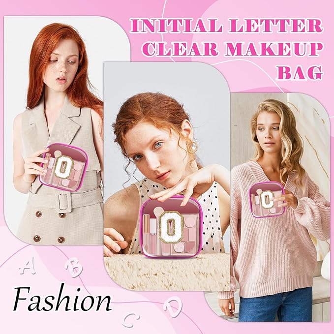 Personalized Initial Letter Clear Preppy Makeup Bag, Mini Nylon Chenille Letter Cosmetic Bag Cute Zipper Pouch Coin Purse for Teen Girls, Portable TSA Approved Travel Essentials Bag Gift for Women, O