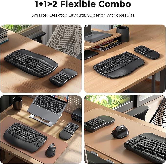 MEETION Wave Ergonomic Keyboard, 2.4GHz Wireless/Bluetooth Split Keyboard with Wrist Rest, Separate Mini Numeric Keypad, Flexible 2-in-1 Setup for Left-Handed/Accountants/Data Entry