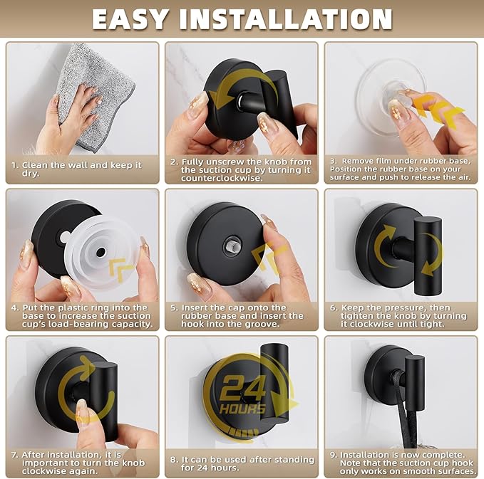 Suction Cup Hooks for Shower - Bathroom Reusable Hooks for Towels, Robes & Loofah - No-Drill Mounting on Kitchen,Walls,Metal,Glass,Mirrors,Tile & Smooth Non-Porous Surfaces (2, Matte Black)