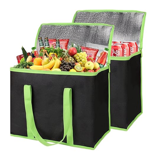 2-Pack Insulated Reusable Grocery Bags, X-Large Insulated Food Delivery Bag for Delivery Drivers, Commercial Food Warmer for Shopping, Tote Cooler Bags, Black with Green Edge