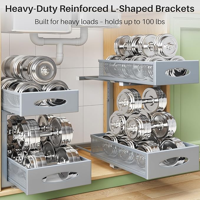 2 Pack Under Sink Organizer, 2 Tier Pull-Out Cabinet Organizer Mesh Baskets with 5 Adjustable Heights, Sliding Drawers Storage Shelf for Home, Kitchen, Bathroom, Pantry, Office, Countertop, Grey