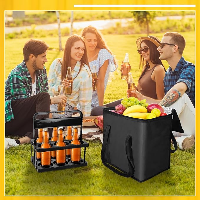 Reusable 6 Cup Drink Carrier with Handle and Insulated Bag for Hot and Cold Drink/Food, Foldable Plastic Cup Holder and Large Capacity Insulated Food Bag for Travel and Delivery