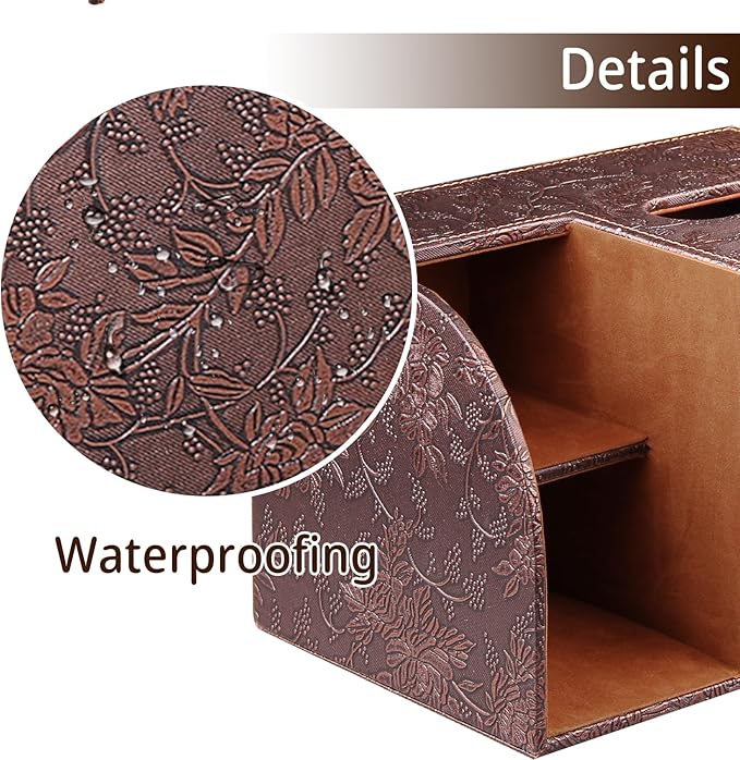 Leather Square Tissue Box Cover with Storage Tray,Cube Tissue Box Holder,Modern Facial Paper Organizer with Remote Control Holder for Bathroom,Vanity Countertop,End Table NightStand Home Office