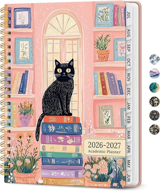Planner 2026-2027, Academic Monthly and Weekly Calendar Planner for Women, July 2026 - June 2027, Hardcover Pretty Agenda Planner Book with Tabs, Spiral Daily Organizer for School Office Home Supplies, 8.5" x 11" - Bookish Kitty