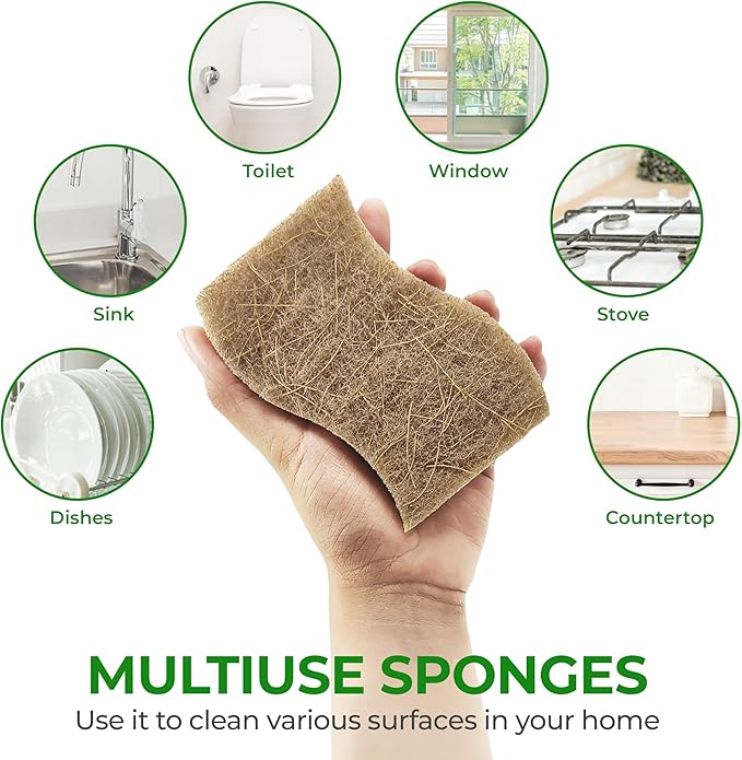 AIRNEX Biodegradable Natural Kitchen Sponge - Compostable Cellulose and Coconut Walnut Scrubber Sponge (12 Pack)