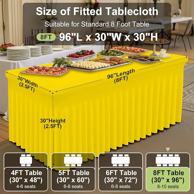 Smiry Spandex Tablecloth 2 Pack, Elastic Fitted Stretch Tablecloth for 8FT Rectangle Tables, Waterproof Washable Table Cover Skirt for Wedding, Banquet & Parties (Yellow, 96Lx30Wx30H Inch)
