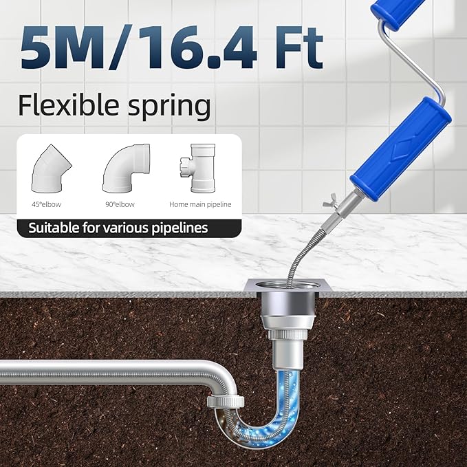 Drain Snake, Drain Auger with Drill Attachment, 16.4 Feet By 6MM Plumbing Snake Auto Feed Flexible Hair Drain Clog Remover for Kitchen, Bathrom and Shower Sink