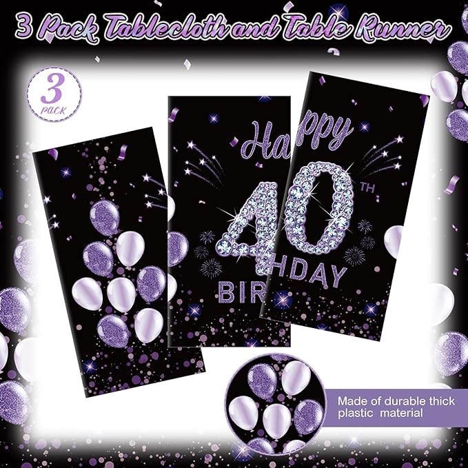 Ganeen 3 Pack 40th Birthday Tablecloth Purple Black Happy 40th Birthday Decorations Disposable Plastic Rectangular Table Cover for Party Supplies Women Men, 108 x 54 Inch