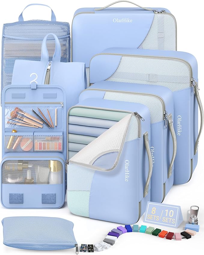 8 Set Packing Cubes for Travel, Gifts for Women Mom,Anti-Tearing Suitcase Organizer for Luggage with Shoe & Hanging Toiletry Bag,OlarHike Vacation Essentials & Accessories for Cruise Ship, Light Blue