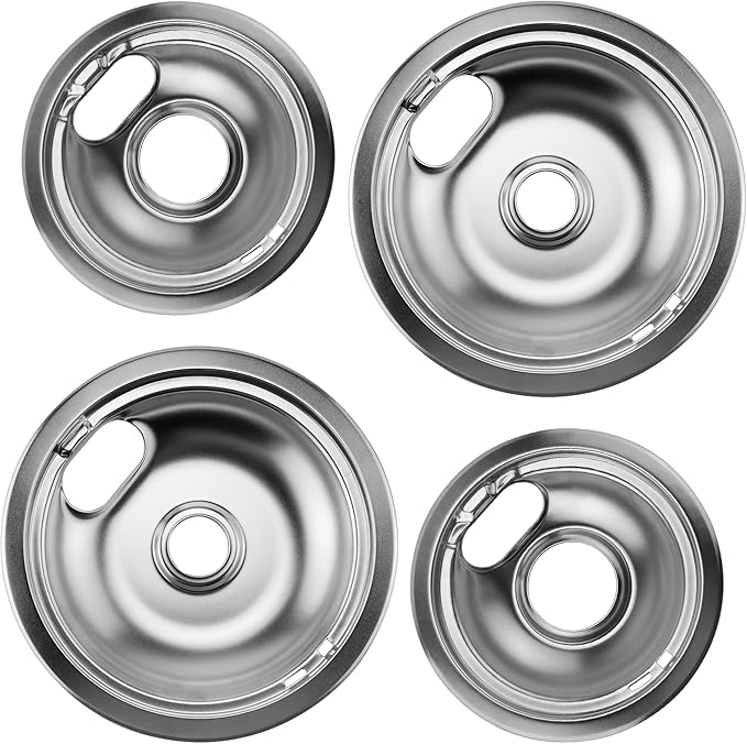 W10196406 and W10196405 Chrome Stove Burner Drip Pan Set for Whirlpool Amana Maytag Magic-Chef Kenmore Electric Range with Locking Slot, Includes 2 6-Inch and 2 8-Inch Drip Bowls