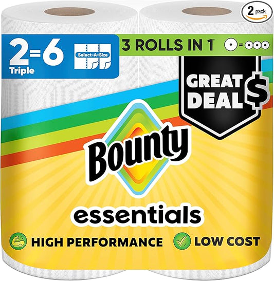 Bounty Essentials Select-A-Size Paper Towels, White, 2 Triple Rolls = 6 Regular Rolls (Packaging May Vary)