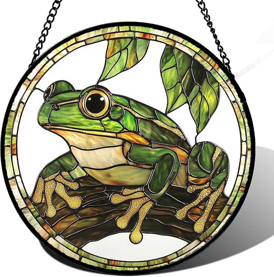 Stained Glass Window Hanging, Frog Green Leaf Sun Catchers Colorful Glass Panel Cool Suncatcher Decor for Birthday for Women, Men, Wife, Aunt, and Mom 14.9x14.9 in