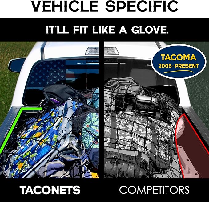 TacoNets Cargo Net for Toyota Tacoma Long Bed - Fits 2005-2025 - Patented Bed Rail Integration - Heavy Duty 8mm Premium Bungee 3'x5' Cargo Netting - Designed in USA