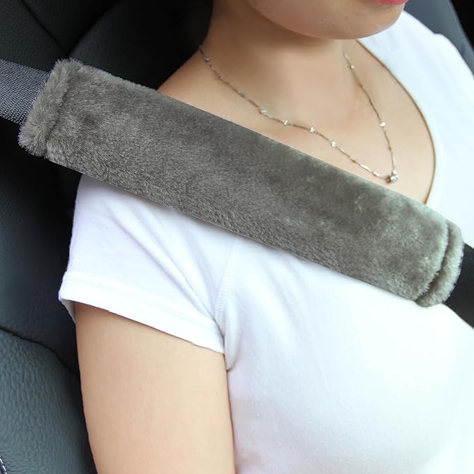 Amooca Soft Faux Fur Universal Fit Seatbelt Cover Car Truck SUV Airplane Seat Belt Shoulder Pad for Camera Backpack Straps Neck Cushion Protector 2 Pack 10.5in Brown Gray