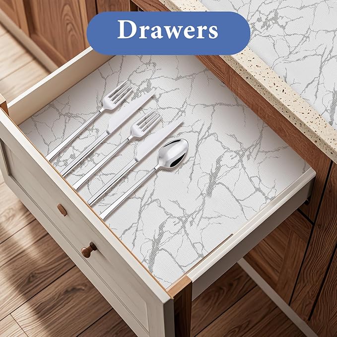 Drawer and Shelf Liner for Kitchen Cabinet: 17 in x 20 ft Non-Slip Waterproof Shelf Paper, Non-Adhesive Refrigerator Liners, Silver Marble Easy Liners for Bathroom with Knife and Tape Measure