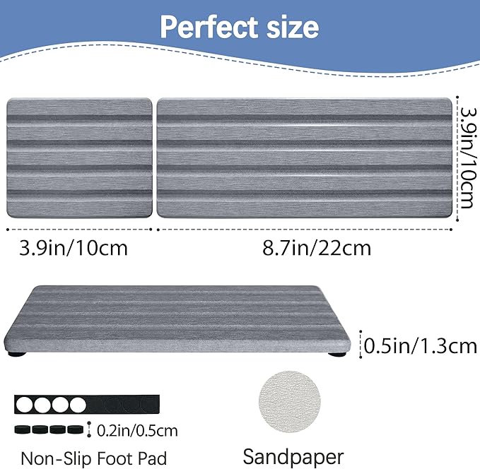 ZumenDa Set of 3 Diatomite Hand Soap Holder, Water Absorbing Stone Tray for Kitchen Countertop, Fast-Drying Bathroom Trays(1pcs 22 x 10cm + 2pcs 10 x 10cm Grey)
