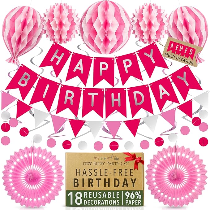 Premium Reusable Happy Birthday Decorations for Women and Girls Pink Party Decorations, Multi-occasion Banner, Pennant Banner, Paper Fans - Party Decor by Itsy Bitsy Party Co