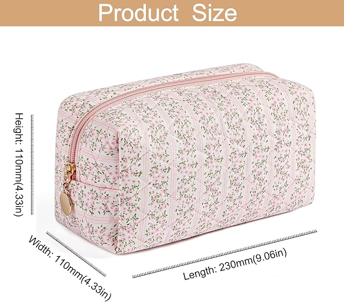 HHQQWZ Makeup Bag Travel Cosmetic Bag for Women Girls, Zipper Make Up Pouch, Floral Flowers Toiletry Organizer Makeup, Portable Storage Bag, Cosmetic Travel Cloth Bag (Pink+Blue)