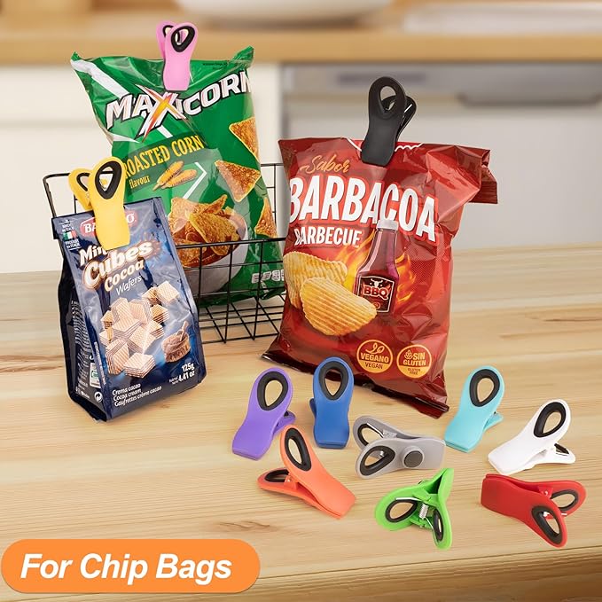 12 Pack Chip Clips Bag Clips, Binder Clips, Office Paper Clamps, Magnetic Food Clip for Bread Bag, Refrigerator, Snack, Kitchen, Office, Packages, Colorful Plastic Clip Heavy Duty