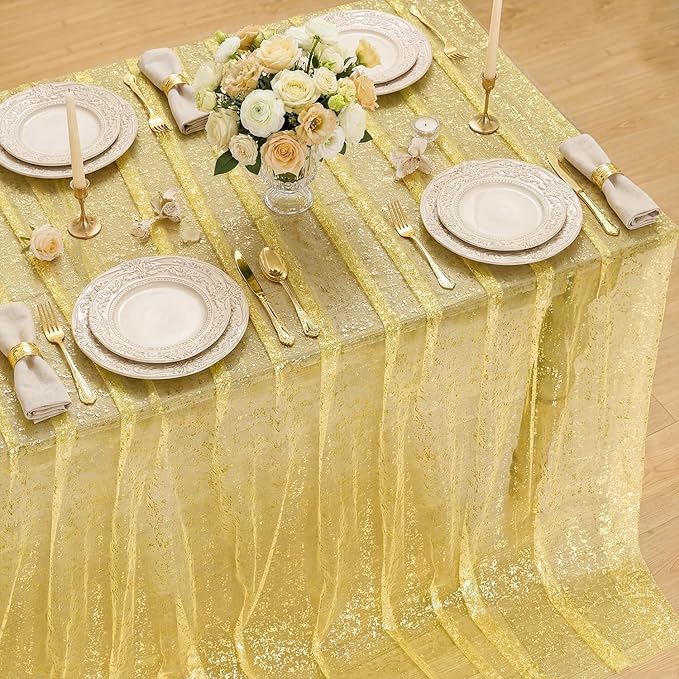 Horaldaily Yellow Gauze Tablecloth 60x140 Inch Rectangular, Golden Sequin Glitter Metallic Foil, Sheer Tulle Cheesecloth for Wedding Baby Shower Ceremony Birthday
