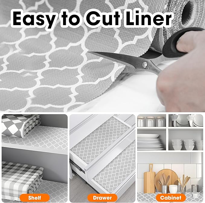 Gopas Drawer and Shelf Liner for Kitchen Cabinets Non-Adhesive, Non-Slip Cabinet Liner Shelf Paper Strong Grip Waterproof Easy to Clean for Kitchen Shelves Cupboard, Gray Lantern,12IN X 30FT
