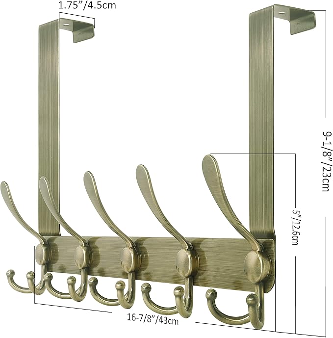 SKOLOO Over The Door Hook - for Doors up to 1-3/4'' Thickness, Metal Door Hanger with 5 Triple Hooks, Bronze Over The Door Hanger for Coats, Hats, Towels, Assembly Required