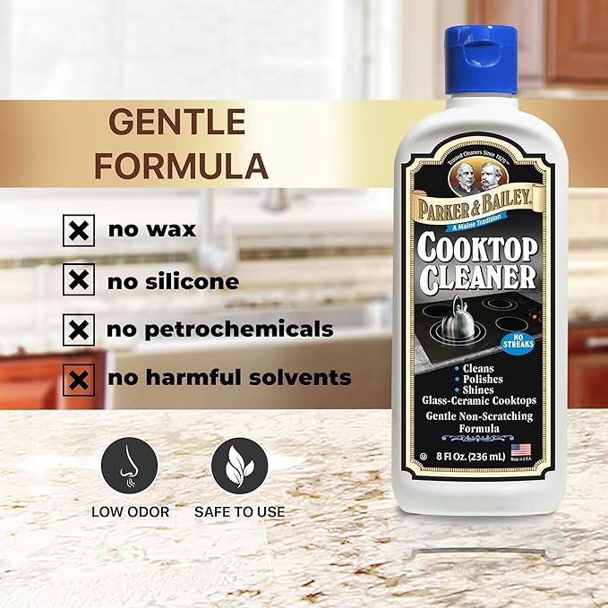 Parker & Bailey Cooktop Cleaner – Non-Scratch Formula for Glass and Ceramic Stovetops, Removes Grease and Residue, Restores Shine, 8 oz