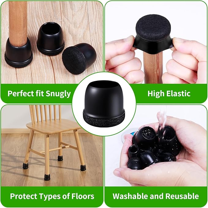 24 Pcs Chair Leg Protectors for Hardwood Floors, Silicone Felt Furniture Leg Cover Pad for Protecting Floors from Scratches and Noise, Smooth Moving for Chair Feet, Round (Black, Fit: 1.1"-1.4")