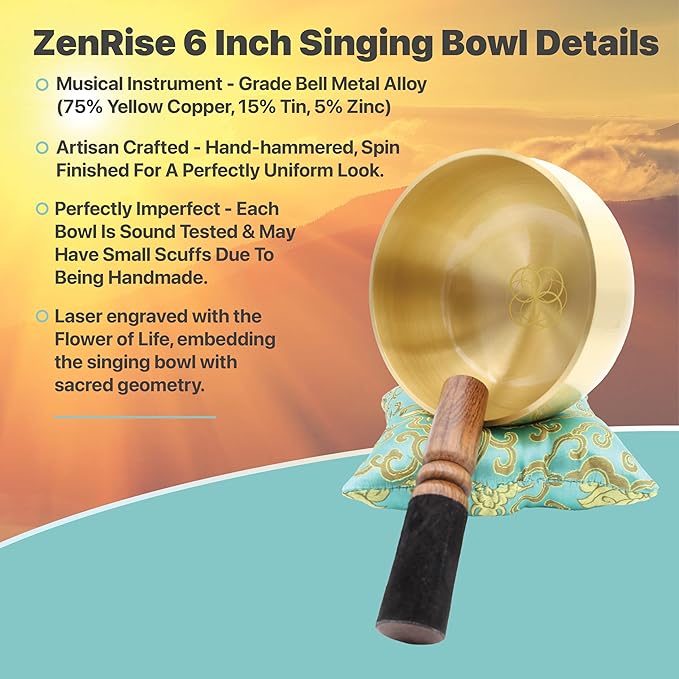 ZENPROSPERA Tibetan Singing Bowl Set – 6-Inch Sound Bowl for Meditation, Relaxation & Chakra Healing | The ZenRise Bowl - Flower of Life Edition - With Mallet, Gift Box, & Cushion
