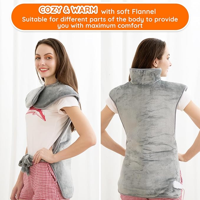 Mia&Coco Heating Pad for Neck Shoulders and Back, XL 23"x39" Soft Flannel Wrap, Waist Strap, Fast Heat Hot Therapy 6 Heat Settings, Auto-Off Timer, Machine Washable, Grey