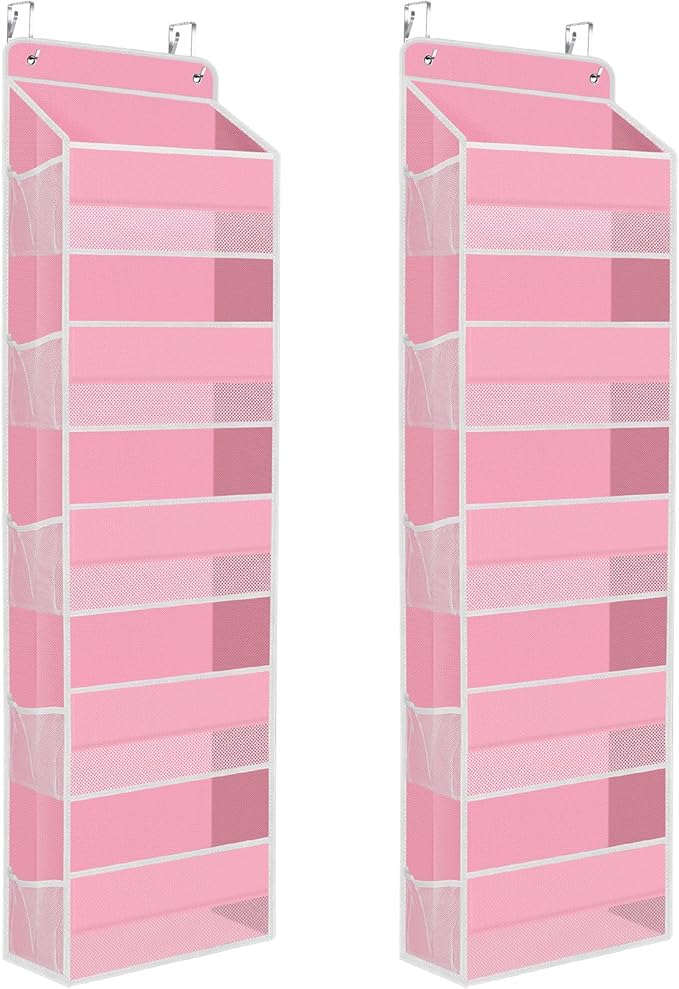 2 Pack Over The Door Organizer Hanging Storage Organizers with Clear Window 40lb Large Capacity Room Organizer for Pantry Laundry Bathroom Nursery Closet(Pink)