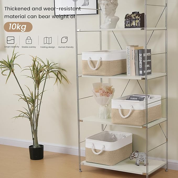 VQRTEXA Large Storage Baskets- 15.7x11.8x8.26 inch Storage Bins for Shelves and Closet Organizing, Foldable Fabric Bin for Home Organization Clothes and Laundry (6-Pack, White&Khaki)