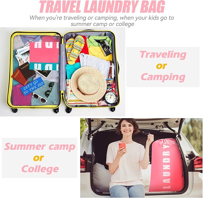 Isink Laundry Bag, 2 Pack Travel Laundry Bags for Dirty Clothes, Large Laundry Bags for Camping & Traveling, Dirty Clothes Travel Bag, 24" x 36" (Cyan + Pink)