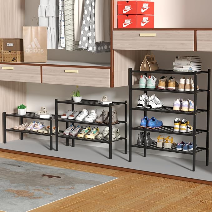 ROMGUAR CRAFT 4 Tier Bamboo Shoe Rack for Closet, Free-Standing Wood Shoe Shelf for Entryway Small Space, Stackable, 27"x11"x26" (Black)