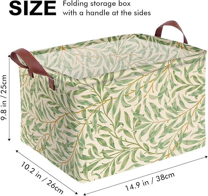 Green Plant Storage Basket Waterproof Canvas Toy Storage Bin Green Floral Room Decor Collapsible Outdoor Basket with Leather Handles Greenery Decor Blanket Baskets For Closets,Bedrooms,Gifts Baskets