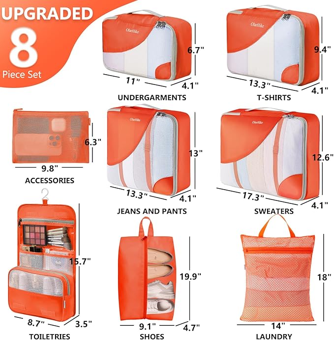 8 Set Packing Cubes for Travel, Gifts for Women Mom,Anti-Tearing Suitcase Organizer for Luggage with Shoe & Hanging Toiletry Bag,OlarHike Vacation Essentials & Accessories for Cruise Ship,Orange