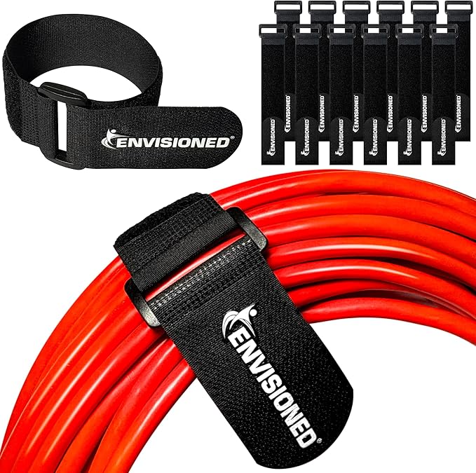 Reusable Cinch Straps 3/4" x 8" - 12 Pack, Multipurpose Quality Hook and Loop Securing Straps (Black) - Plus 2 Free Bonus Reusable Cable Ties