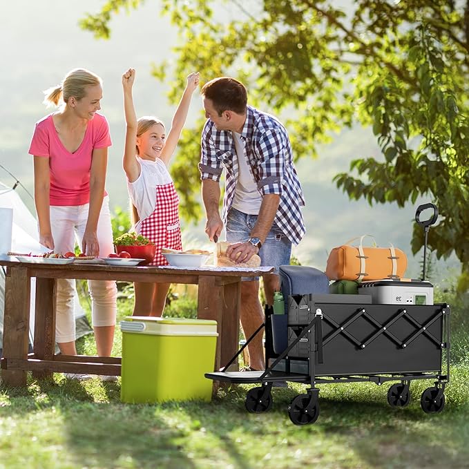 Collapsible Wagon with Wheels & Tailgate, 350LBS Wagons Carts Foldable Heavy Duty, Lightweight Portable Folding Utility Wagon Grocery Shopping Cart for Garden, Camping, Beach (Black)