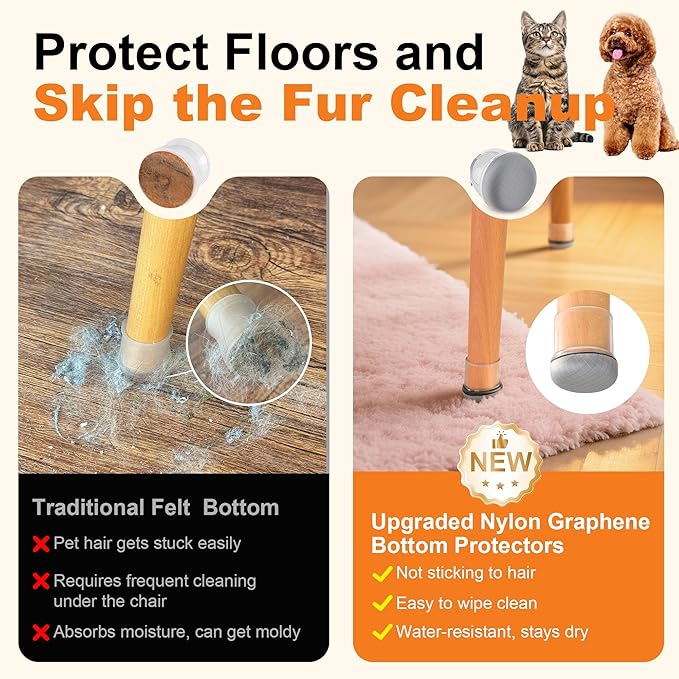 Chair Leg Floor Protectors for Hardwood Floors – Smooth Nylon Base Won’t Trap Cat or Dog Hair, Clear Silicone Caps No Scratch & Silent on Carpet & Tile (16 Pack, Fits 1/2" to 3/4")
