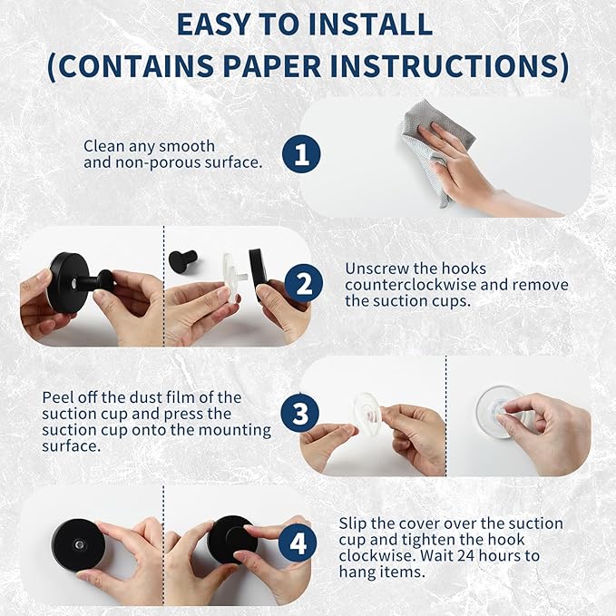Suction Cup Hooks for Shower Stainless Steel, Suction Hooks for Shower Wall Hangs 11lbs, Bathroom, Kitchen, Glass Door, Mirror, Tile, Loofah, Towel, Coat, Bath Robe, Matte Black 4 Pack